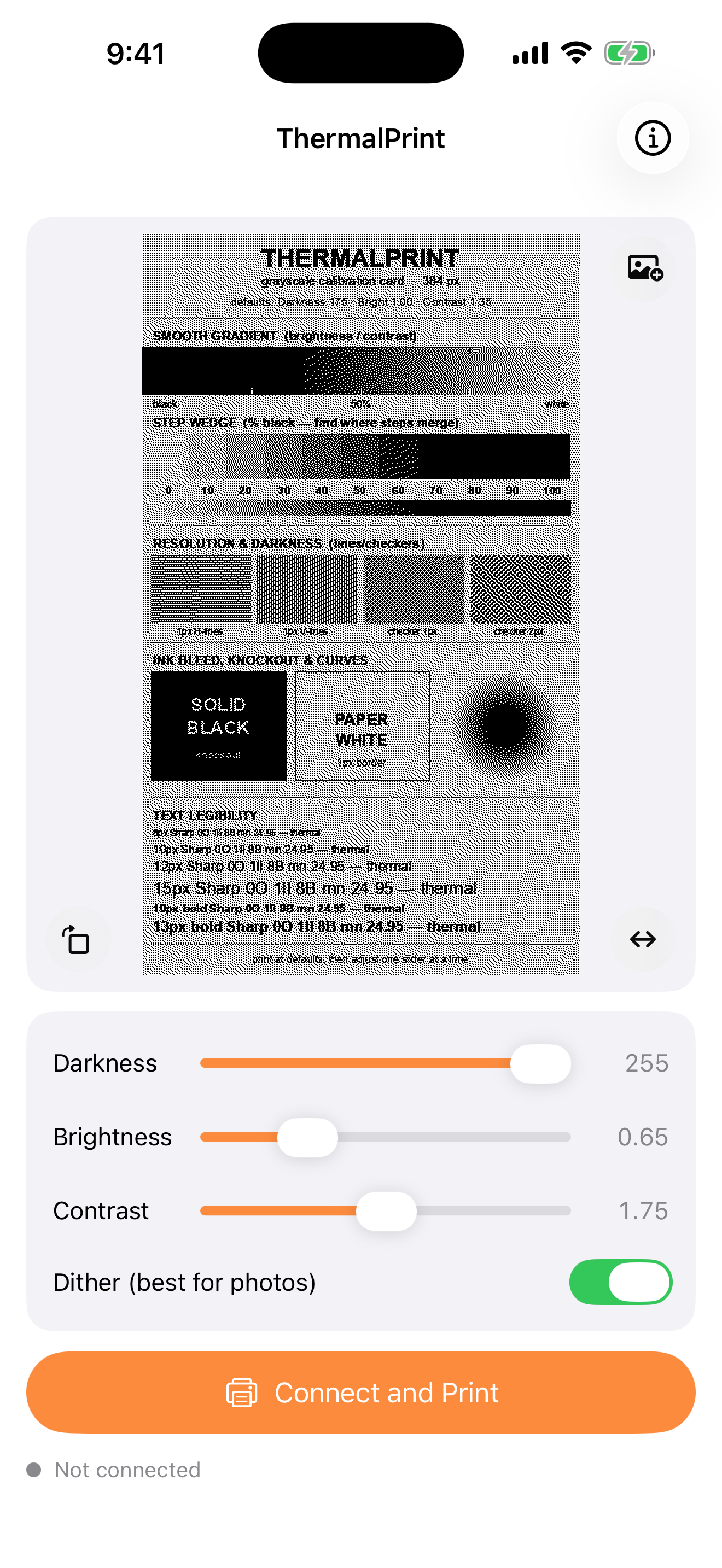 ThermalPrint on iPhone: a calibration card dithered to 1-bit black and white in the live preview, above darkness, brightness, contrast, and dither controls.