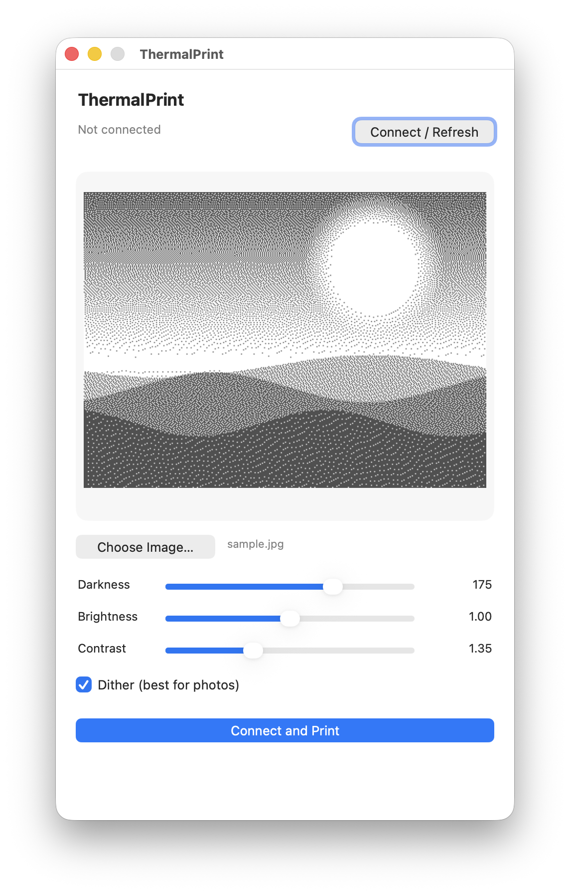 The ThermalPrint app: a photo dithered to 1-bit black and white in the preview, with darkness, brightness, and contrast sliders.